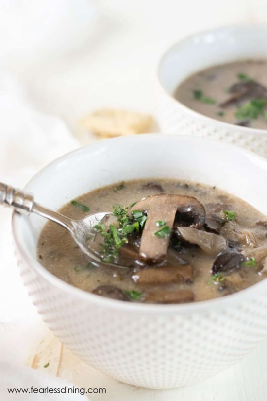 A spoon holding up a spoonful of gluten free mushroom soup.
