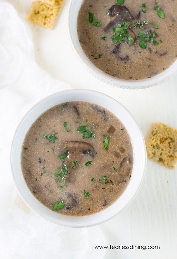 Top view of two bowls of mushroom soup.