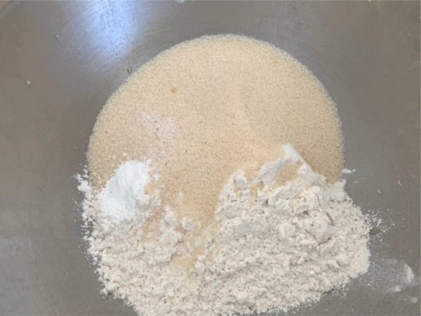 Cupcake dry ingredients in a silver bowl.