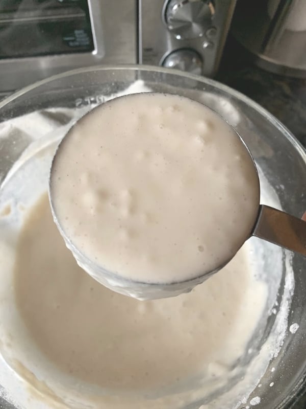 A measuring cup full of bubbling sourdough starter.