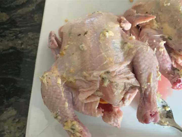 Cornish game hens with butter and herbs rubbed under the skin