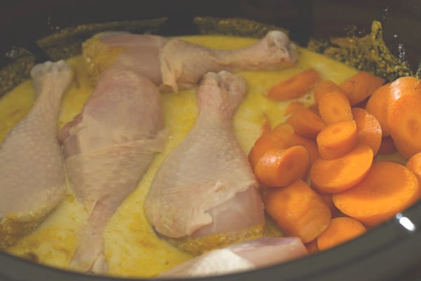 Ingredients in the slow cooker ready to cook.