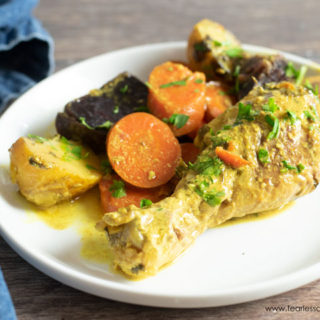 a plate with a curry drumstick with root vegetables