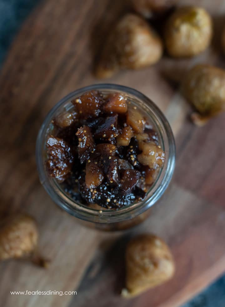 The top view of a jar of fig chutney.