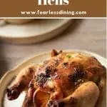 a pinterest pin with the photo of a cooked cornish game hen
