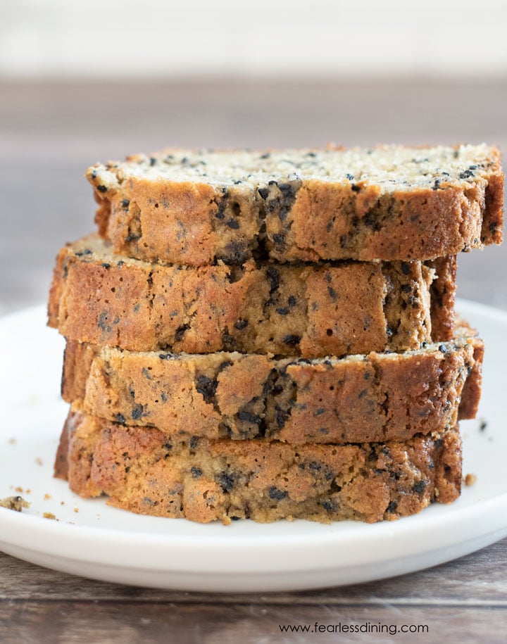 A stack of slices of black sesame banana bread.