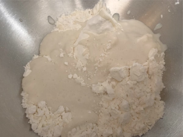 A bowl with gluten free flour, sourdough starter and water.