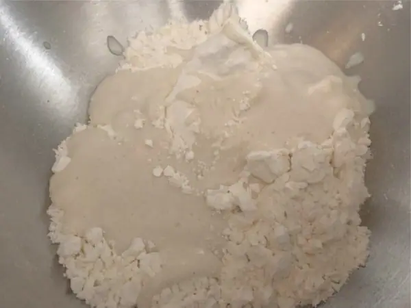 sourdough starter and dry ingredients in a bowl.