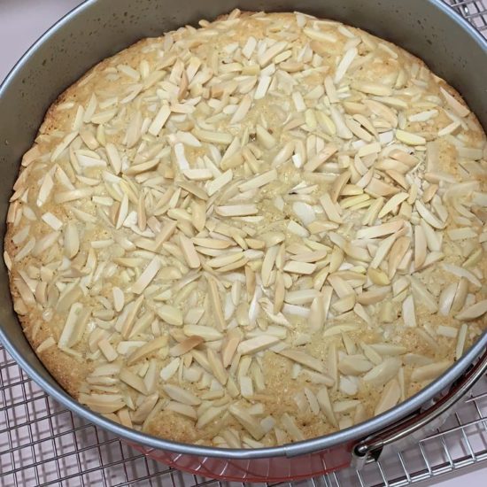 A photo of Jeanette R's finished bakewell tart in a springform pan.