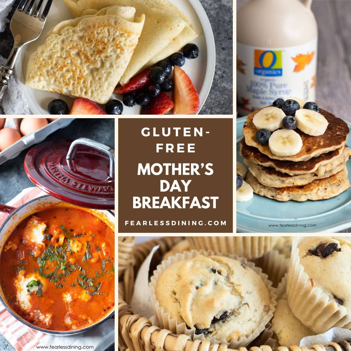 A collage of four gluten free breakfast recipe photos.