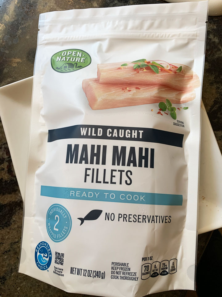 A package of sustainably caught frozen mahi mahi.