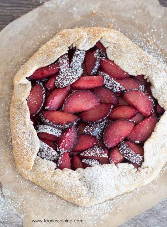 A gluten free plum galette that was just removed from the oven.
