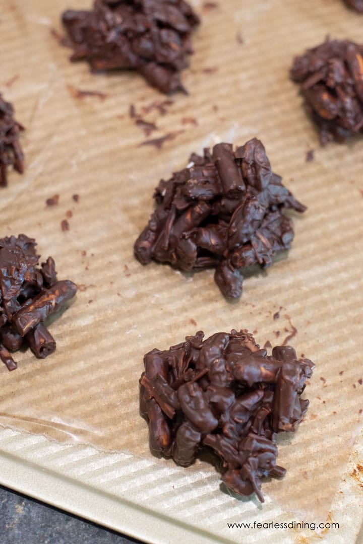 A tray filled with no bake haystack cookies.