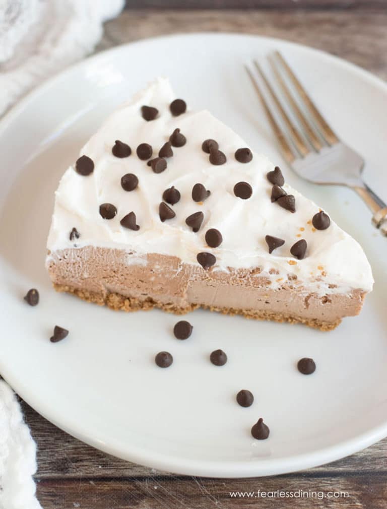 A slice of gluten free no bake cheesecake on a plate. It is topped with chocolate chips.