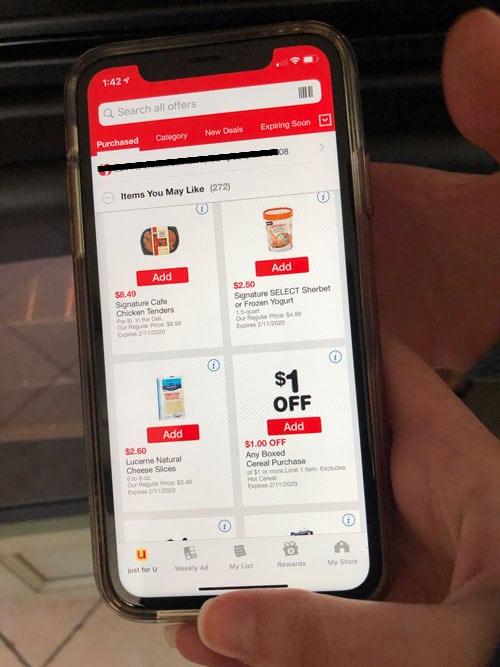 The safeway app on my phone showing coupons.