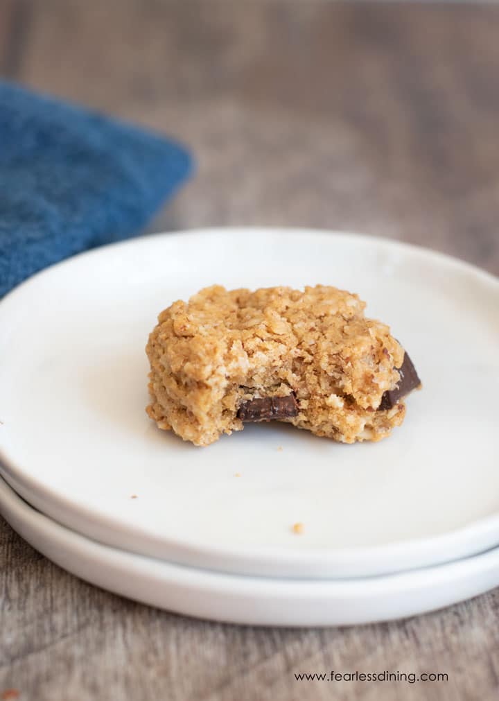 a gluten free peanut butter oat cookie with a bite cut out