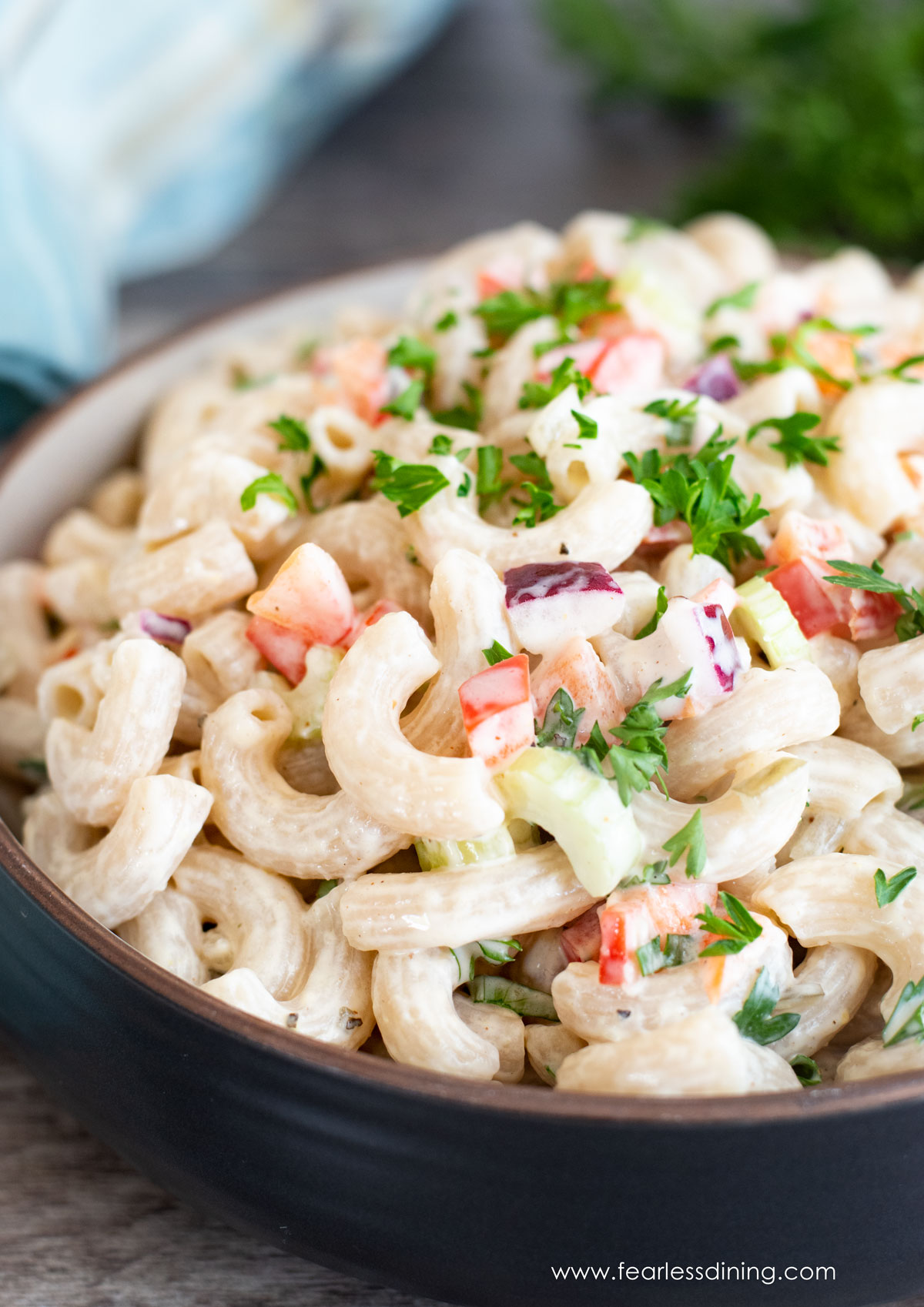 A big bowl of gluten free macaroni salad.