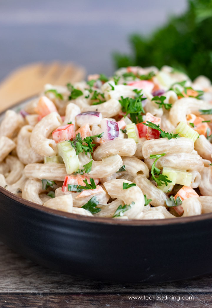 A close up of gluten free deli style macaroni salad.