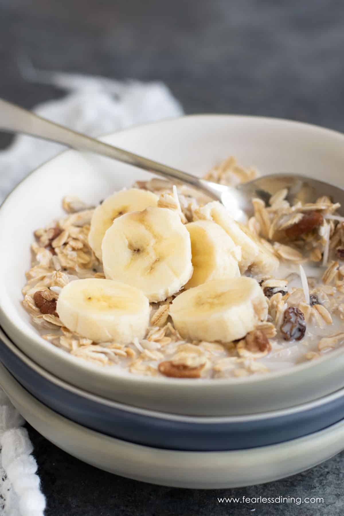 A photo of bircher muesli in a bowl on the table.