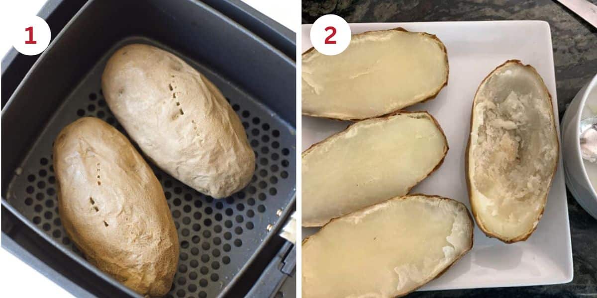 Photos of the potatoes in the air fryer and the cooked potatoes cut in half.