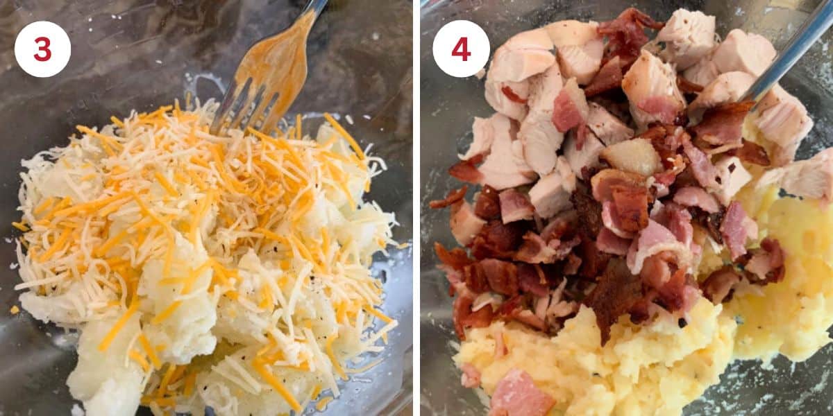 Mixing the soft potato centers with the cheese, bacon, and chicken.