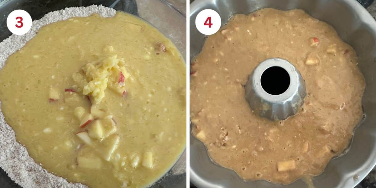 Photos showing mixing the wet ingredients and the cake batter texture.