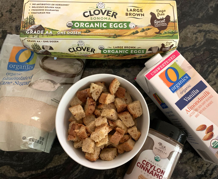 Photos of the bread pudding ingredients.