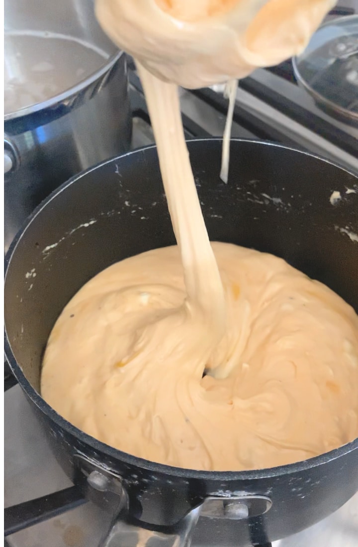 A pot of melted cheese sauce.