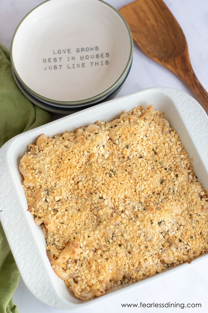 The top view of an 8x8 baking dish full of gluten free macaroni and cheese