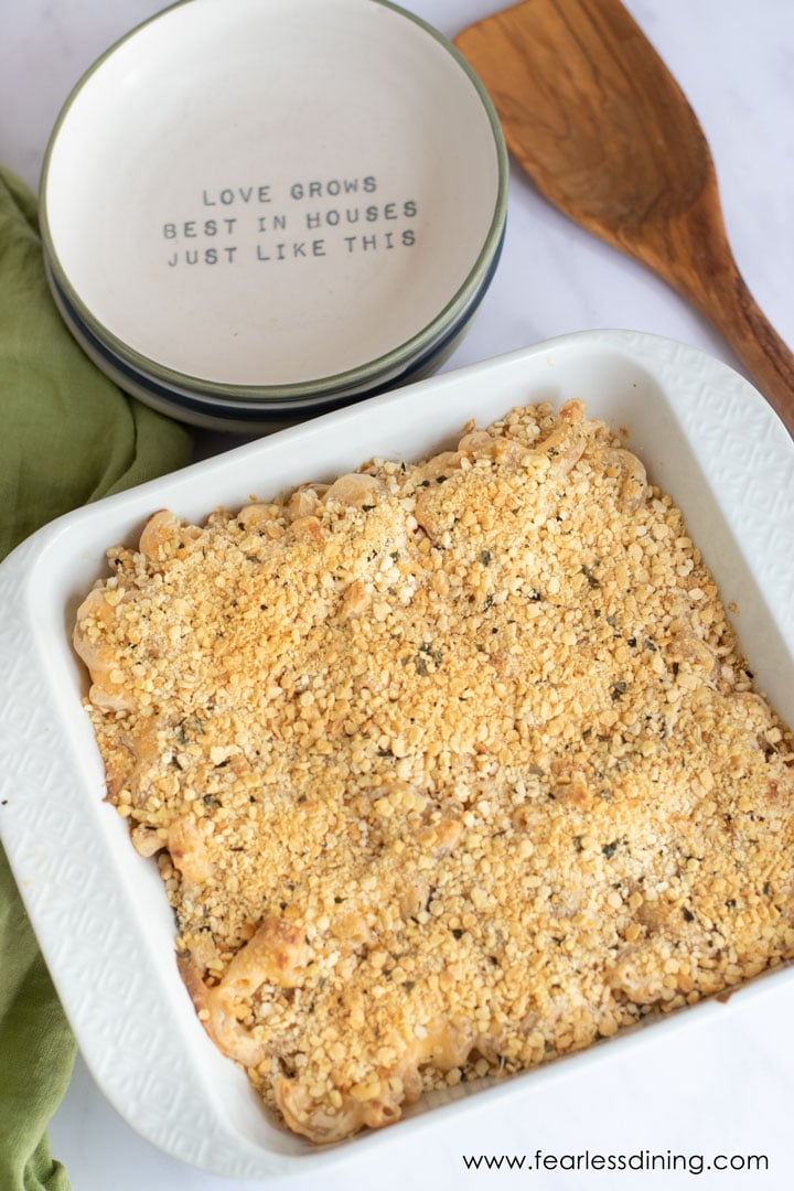 The top view of an 8x8 baking dish full of gluten free macaroni and cheese.