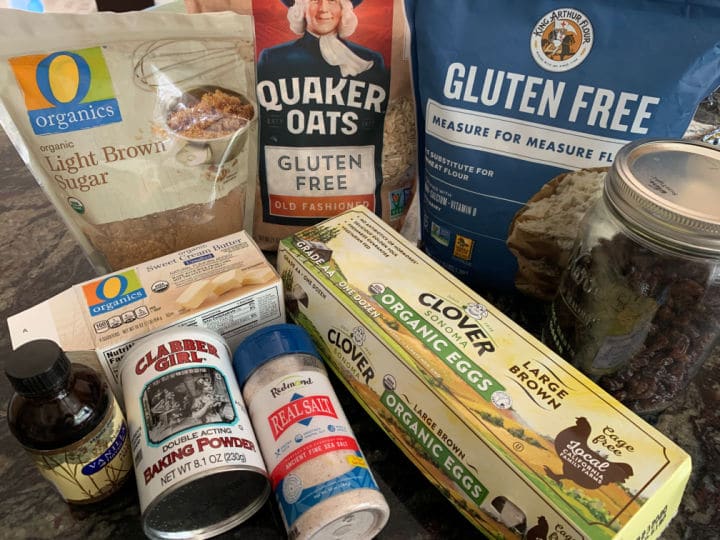 Photos of the ingredients to make these oatmeal cookies on the counter.