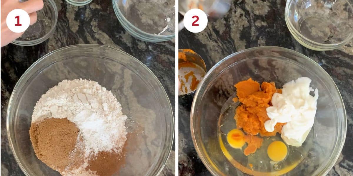Photos of the pumpkin cake wet and dry ingredients.
