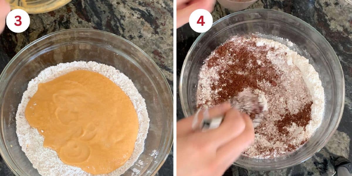 Photos mixing the pumpkin cake batter and mixing the dry chocolate cake ingredients.