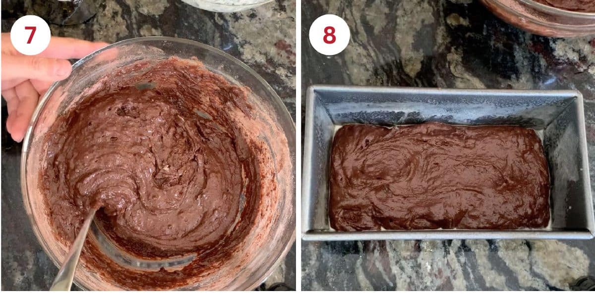 A photo of the chocolate cake batter in the bowl and in the loaf pan.