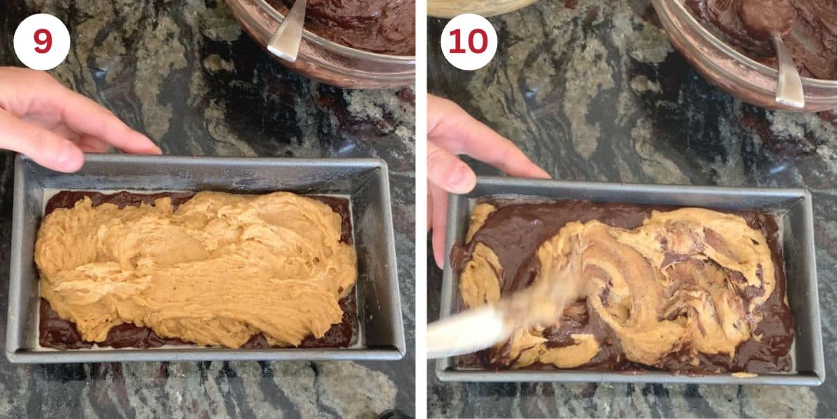 Photos layering and swirling the pumpkin and chocolate batters together.