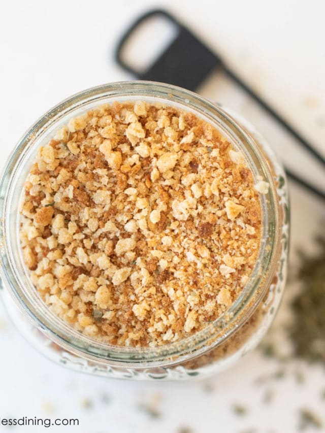 top view of a mason jar filled with homemade breadcrumbs