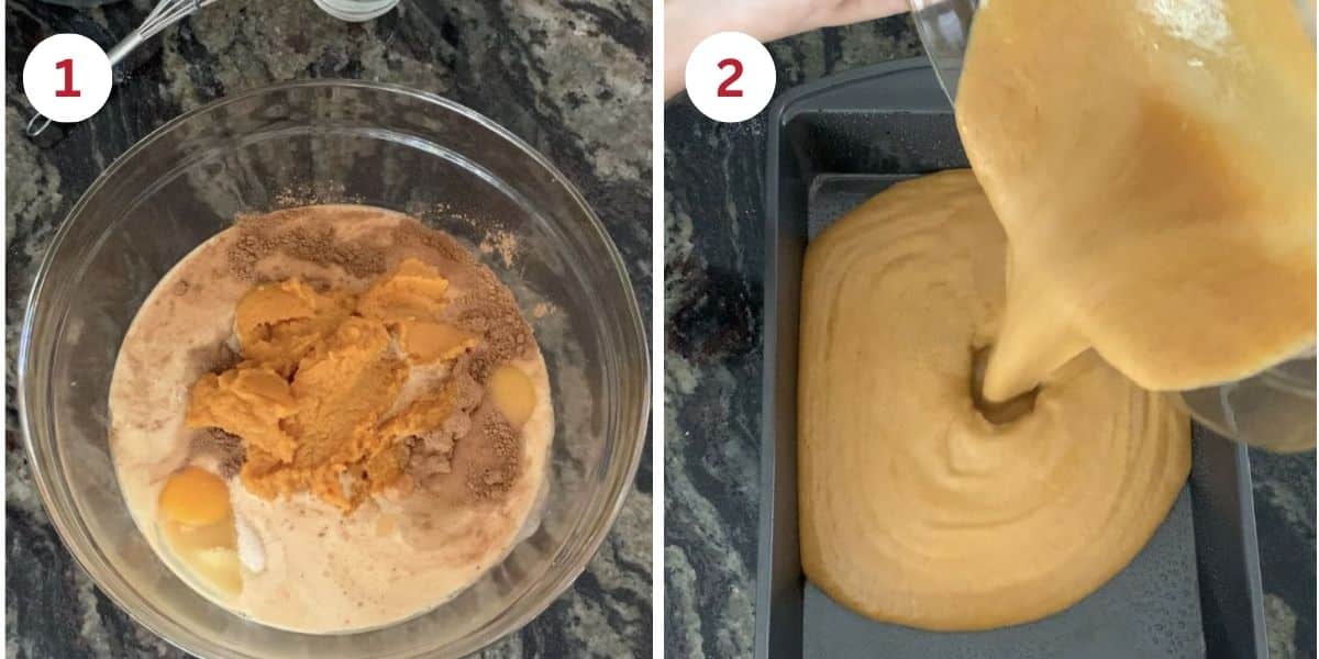 Photos showing mixing the ingredients to make the pumpkin batter and pouring it into the 9x13 pan.