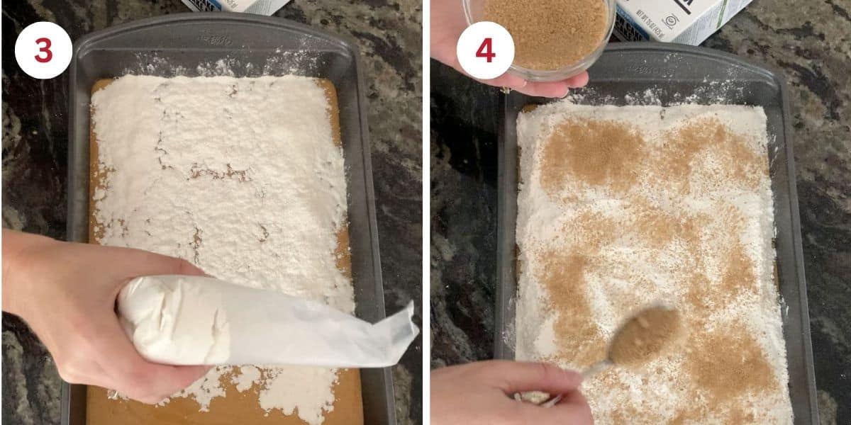 Photos showing adding the cake mix layer and sprinkling on sugar.