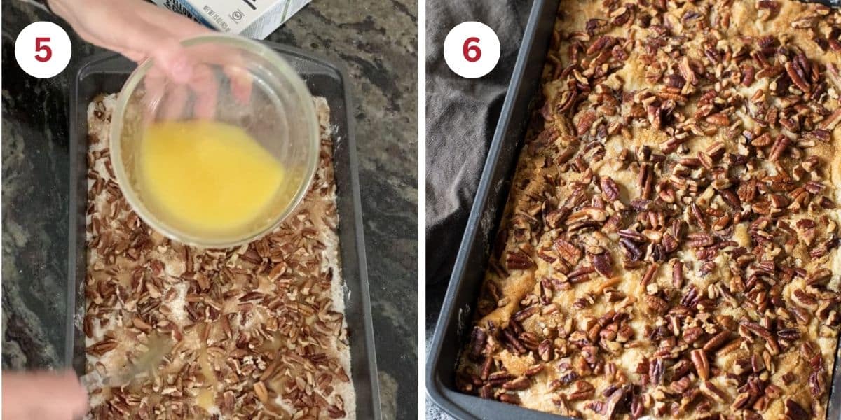Drizzling the melted butter over the pecans and a photo of the baked cake.
