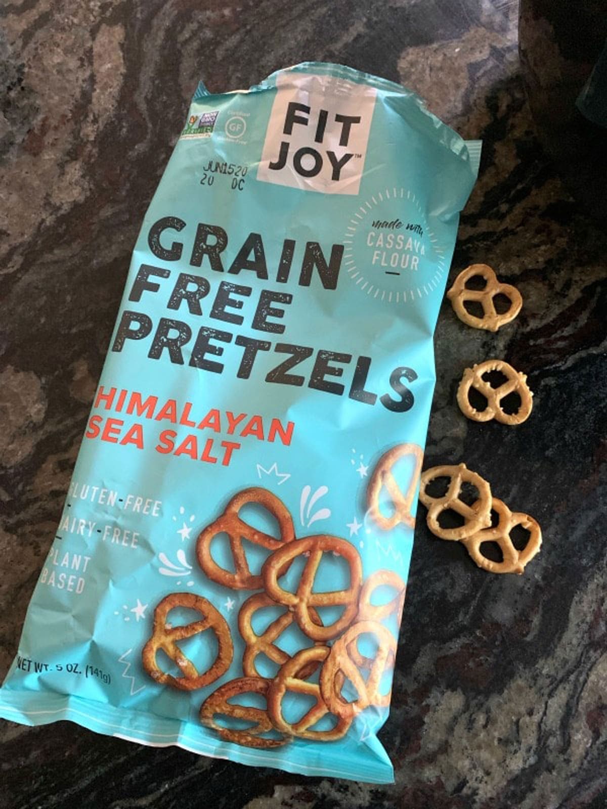 A bag of Fit Joy Pretzels.