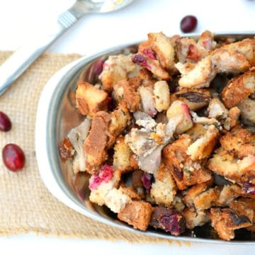 cranberry stuffing in a silver serving bowl