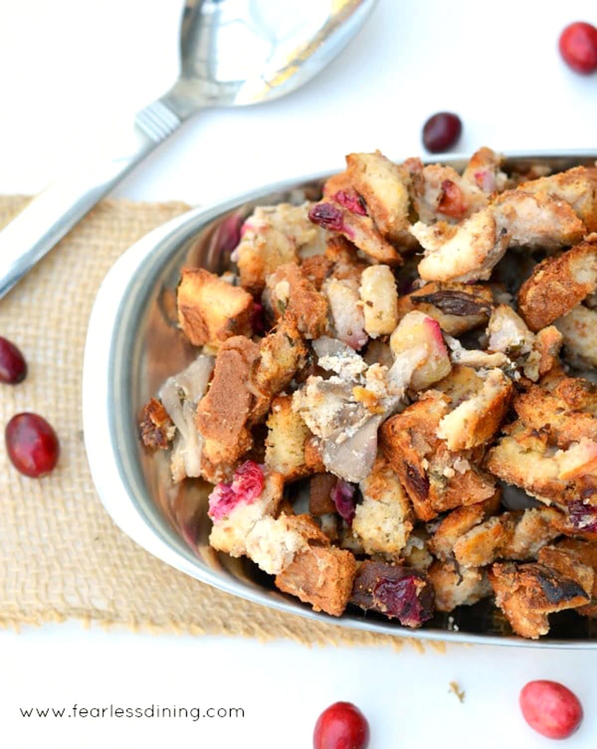 Cranberry stuffing in a silver serving bowl.