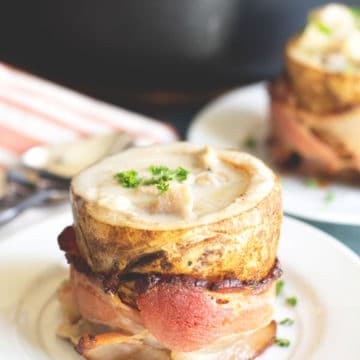 Gluten free clam chowder in a potato bowls.
