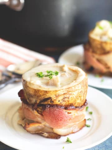 gluten free clam chowder in a potato bowl