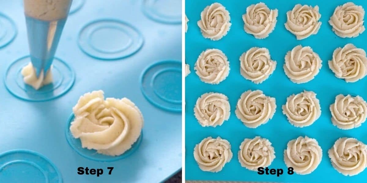 Photos of steps 7 and 8 piping the cookies.