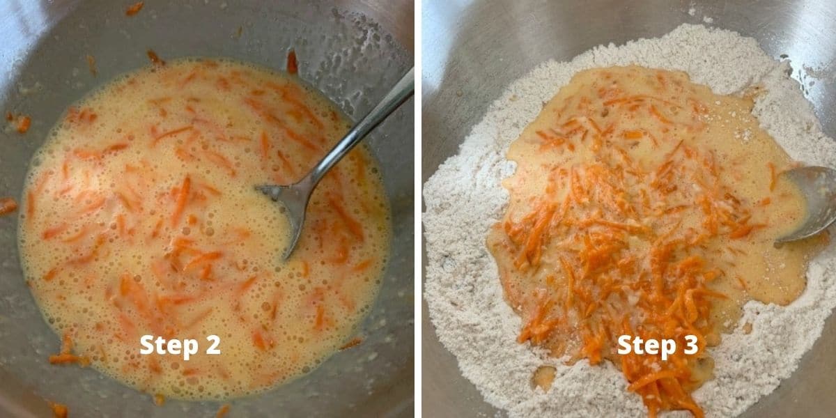 Photos of the carrot cake mixing up the cake batter.