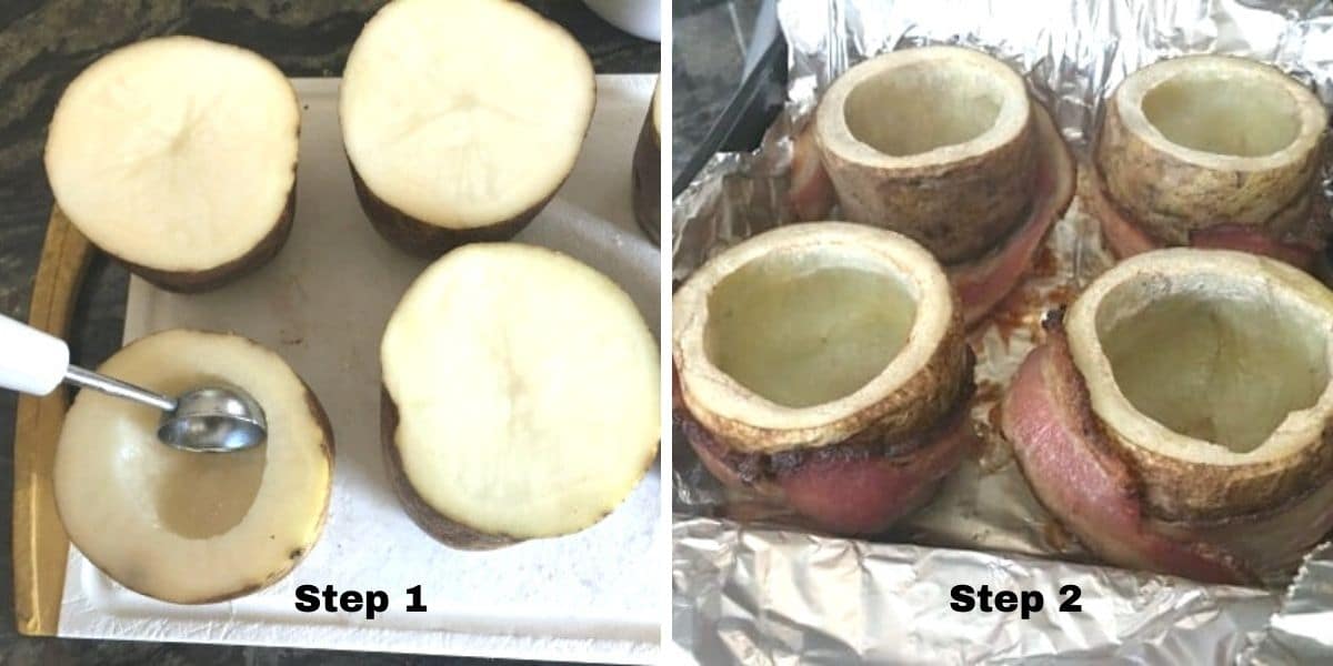 Photos of steps 1 and 2 scooping out the insides of the potatoes.