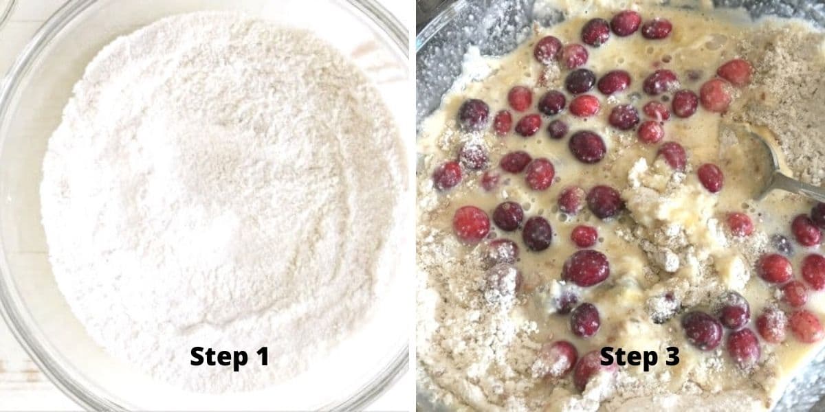 Photos of mixing the dry ingredients and then adding the wet ingredients to the mixing bowl.