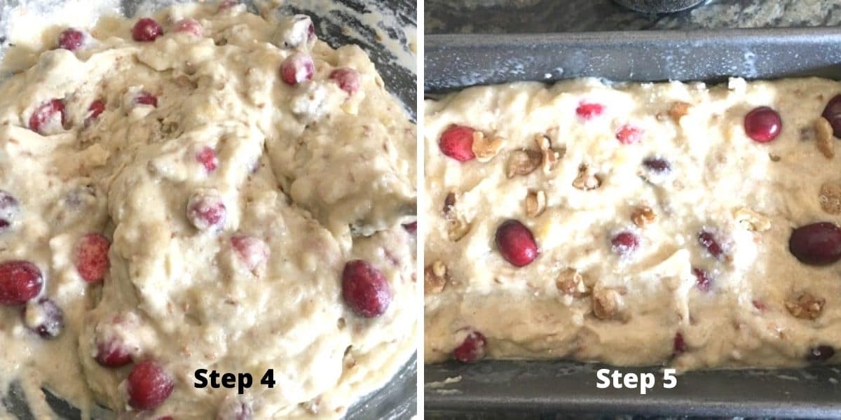Photos showing the bread batter consistency and the batter in the loaf pan.
