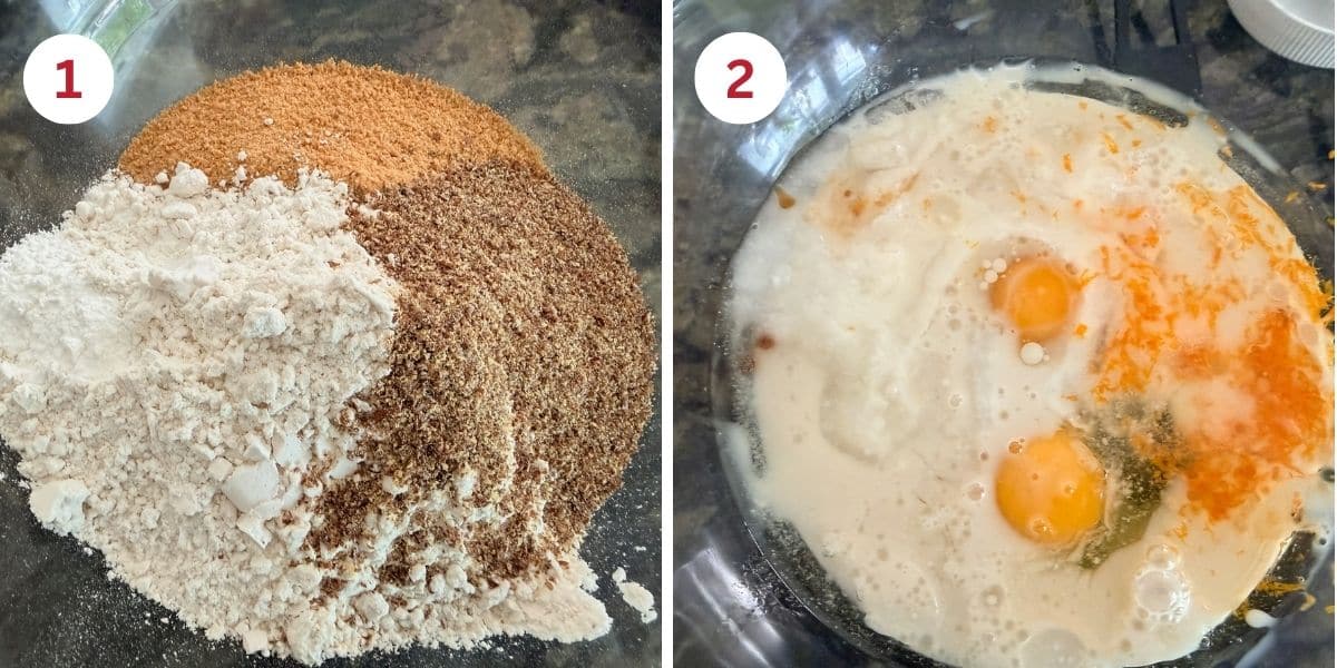Photos of the wet and dry ingredients in separate mixing bowls.